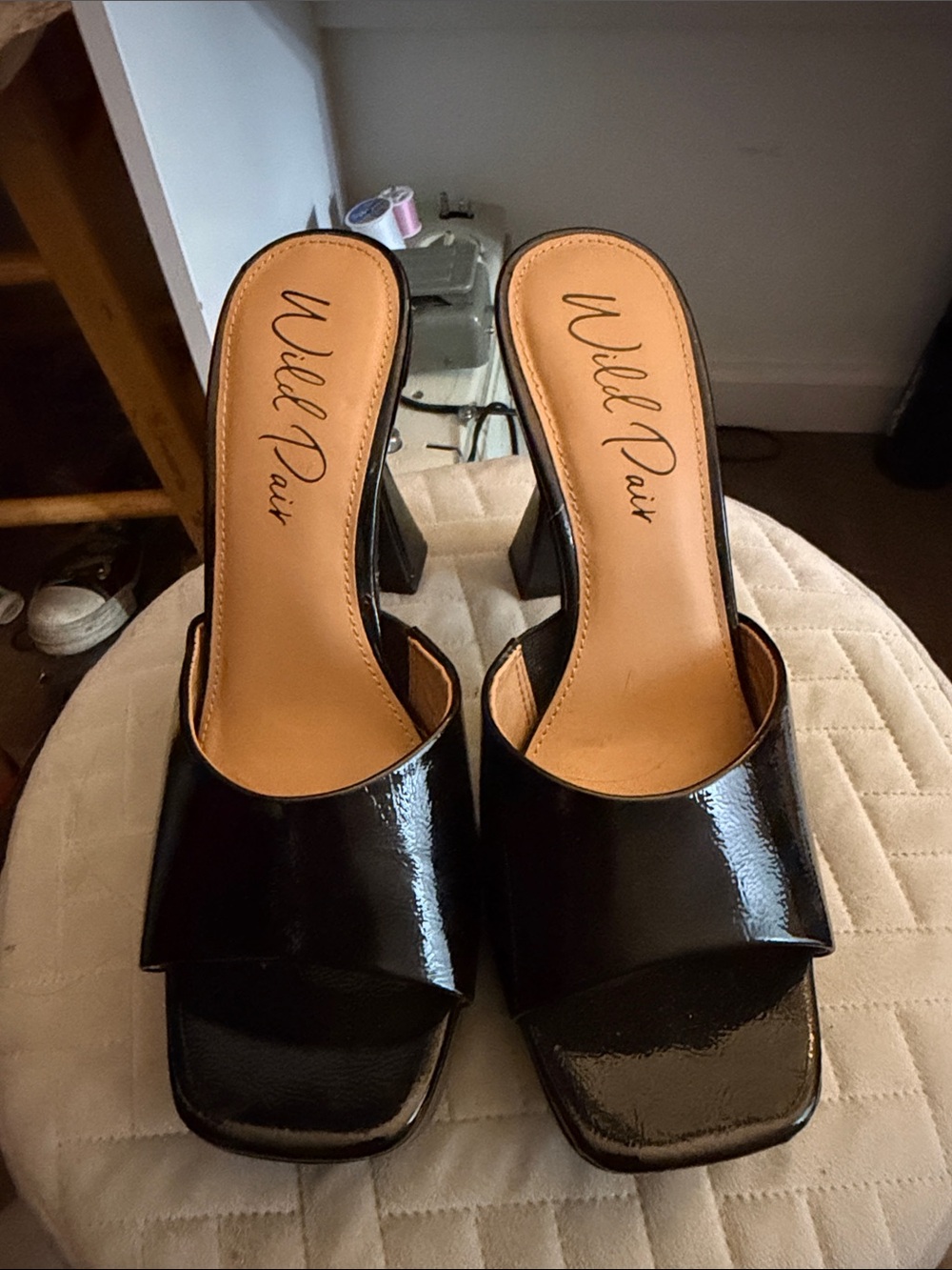 Wild Pair Black Patent Square-Toe Slide Mules
